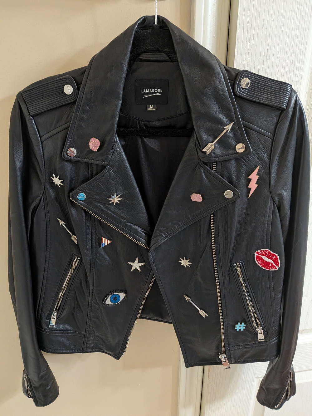 Lamarque Black Leather Moto Jacket with Colorful Enamel Pins & Patches
